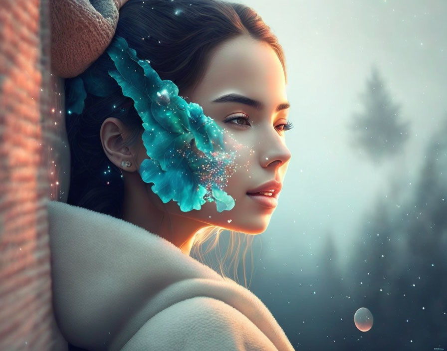 Digital artwork: Woman with teal crystalline growth on ear and cheek in snowy landscape