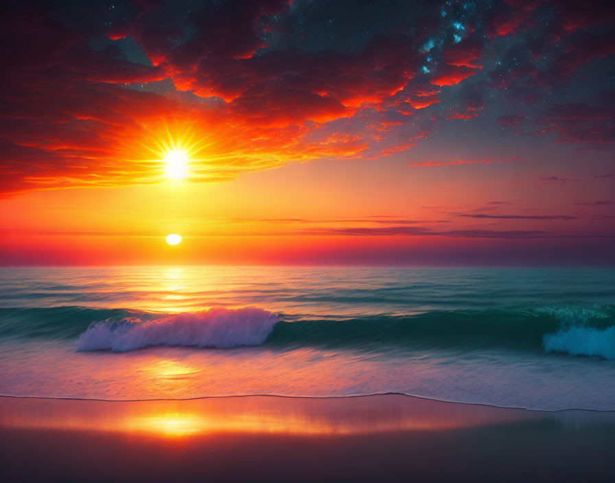 Colorful ocean sunset with sun, clouds, and calm waters.