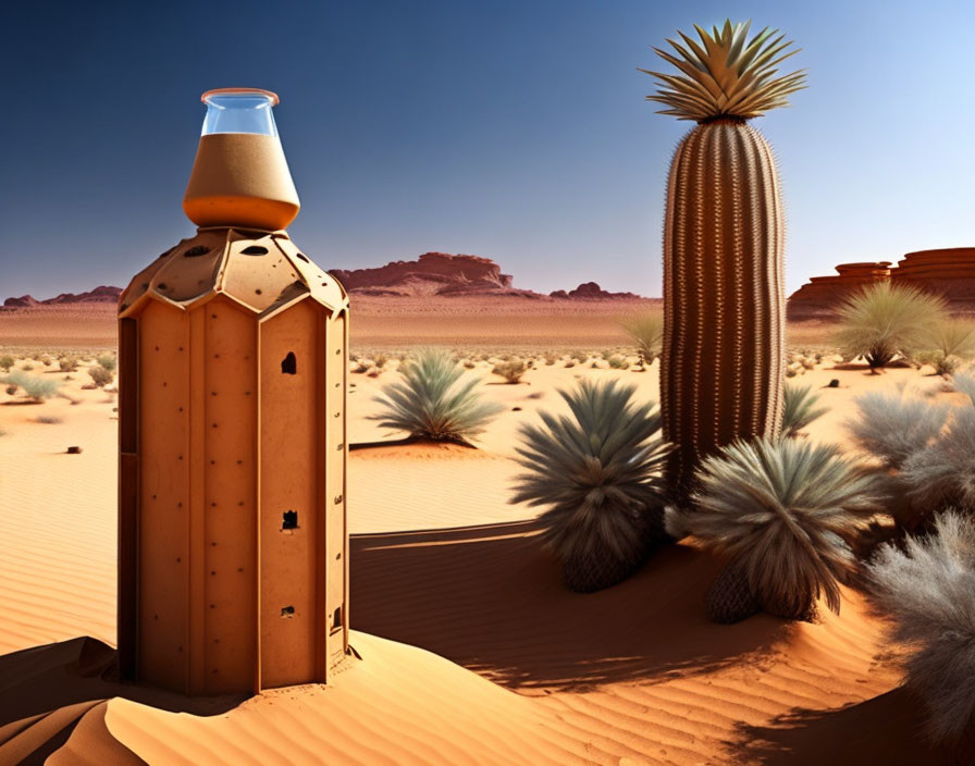 Surreal desert landscape with giant bottle on wooden door in sand