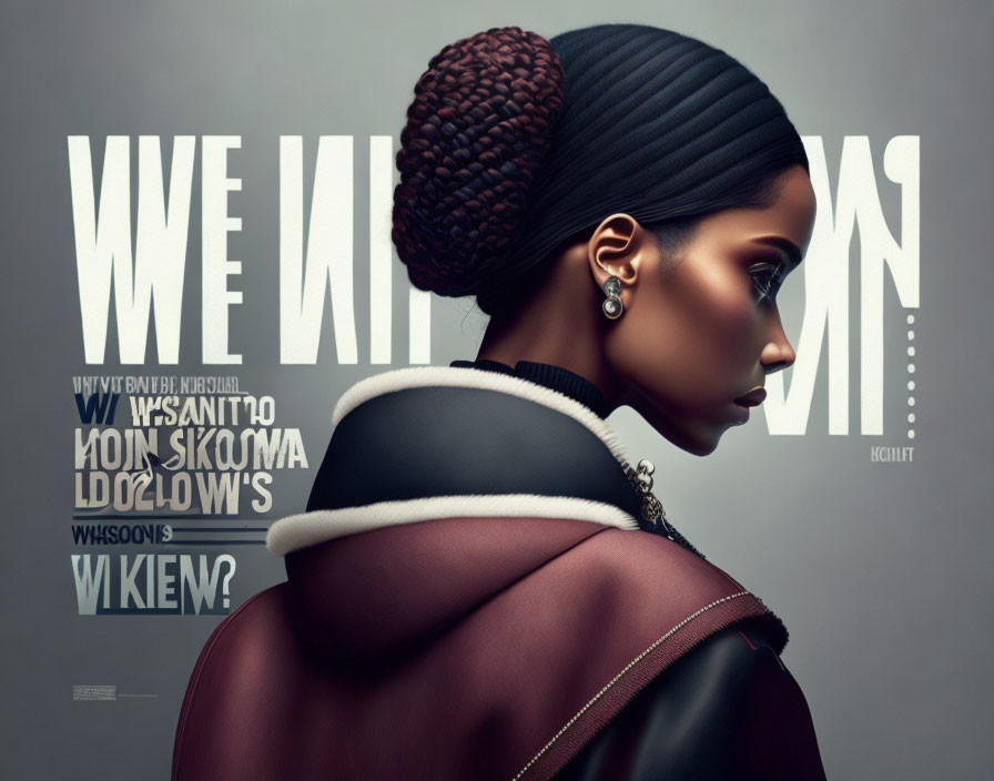 Woman with braided bun in leather jacket against bold backdrop