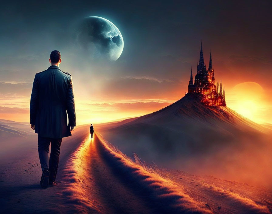 Man in suit walks to fantastical castle under large moon on misty hillside