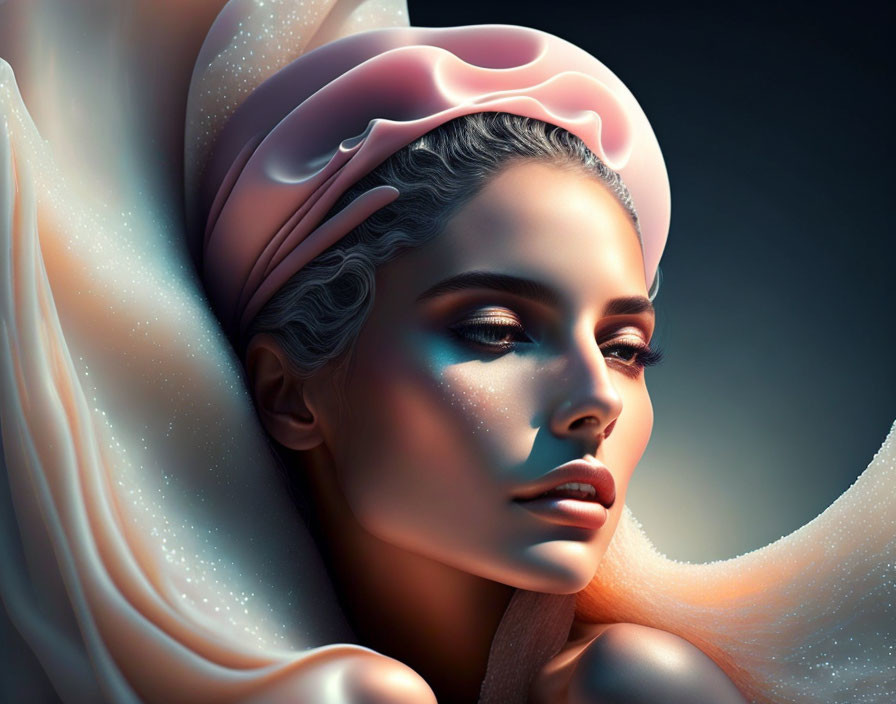 Fantasy-themed portrait of a woman with stylized makeup and headgear in soft, glowing light