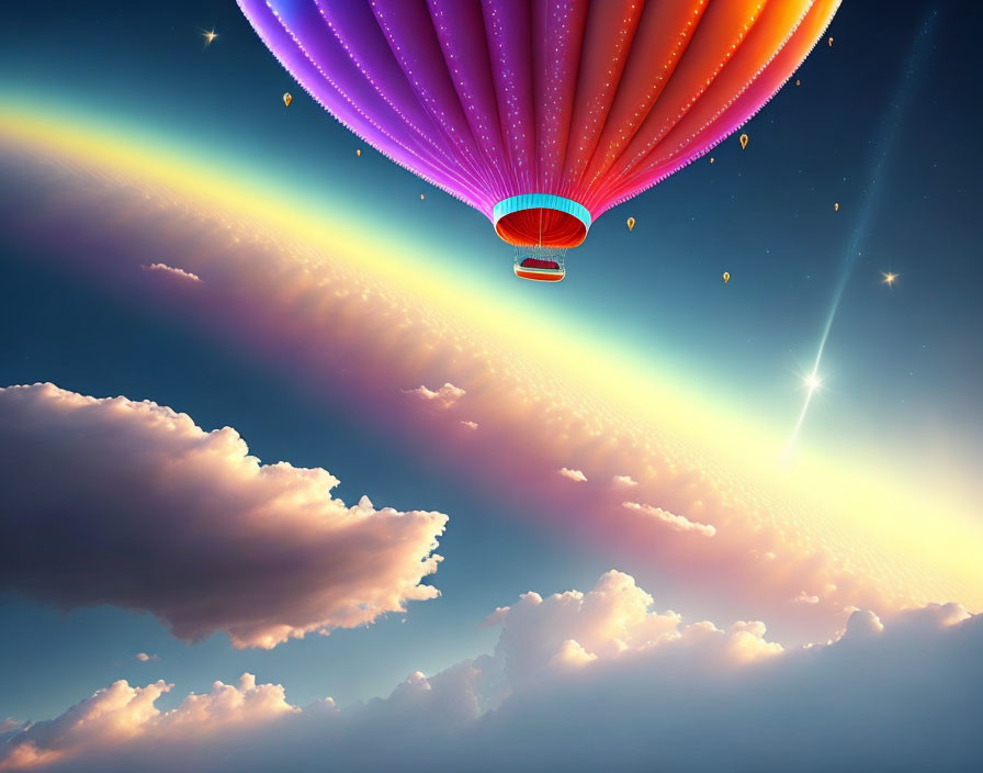 Colorful hot air balloon flying in vibrant sky with fluffy clouds and distant star.