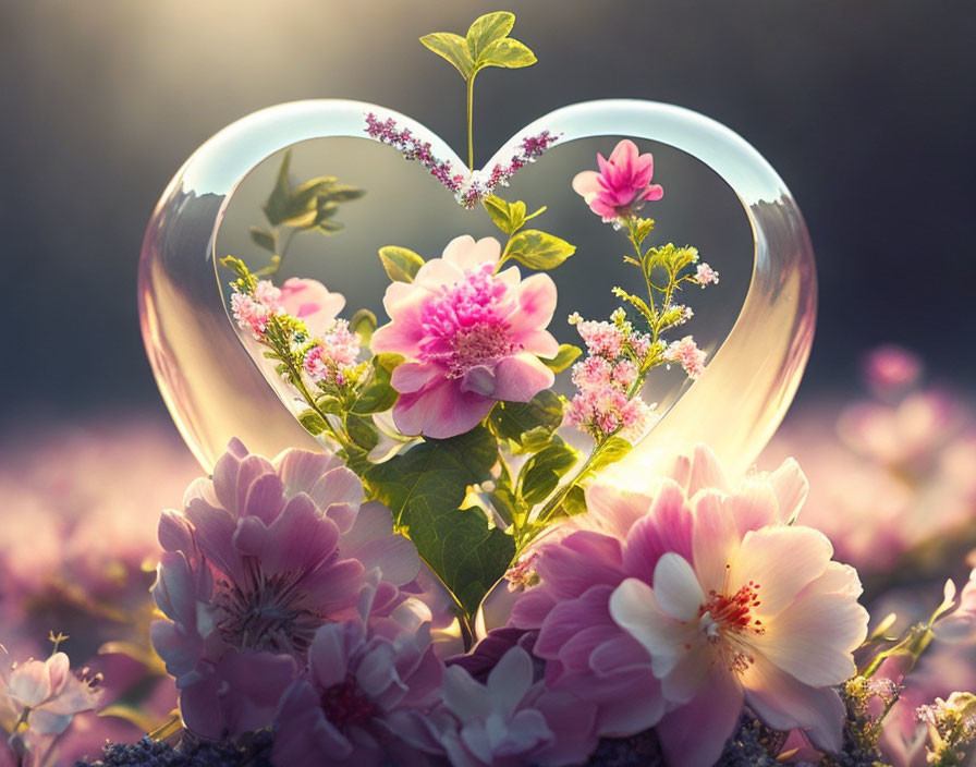 Heart-shaped glass with vibrant pink flowers and greenery in soft sunlight