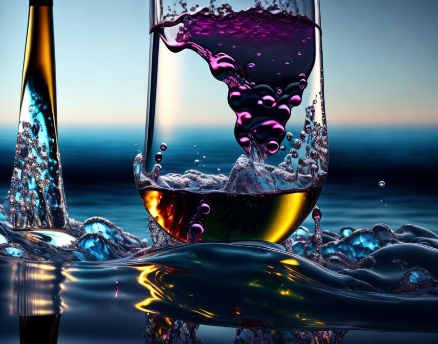 Ocean backdrop: Wine pouring into glass with dynamic splashes