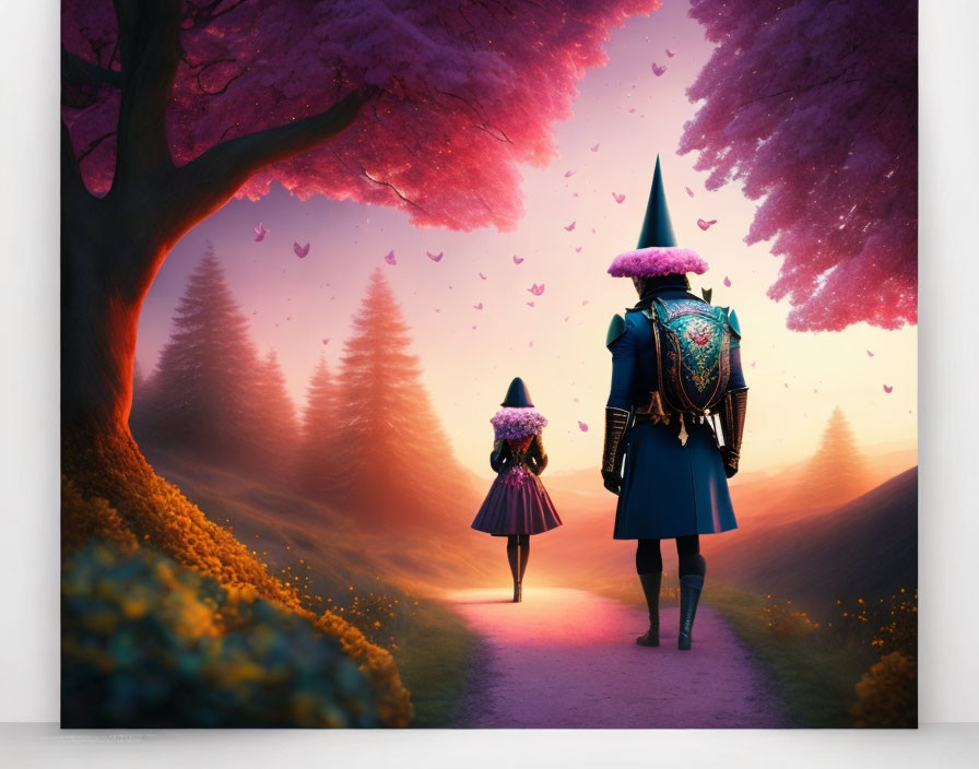 Whimsical art: Figure in blue coat and hat with plumed helmet, walking under cherry bloss