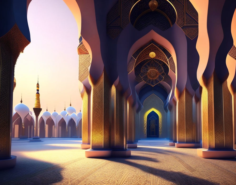 Ornate archways and geometric patterns in elegant mosque interior