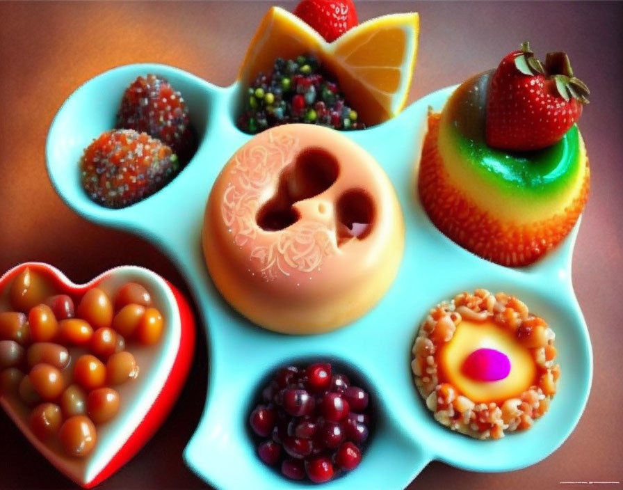 Vibrant sweets and fruits in palette-like dish with jelly beans, berries, and citrus slices