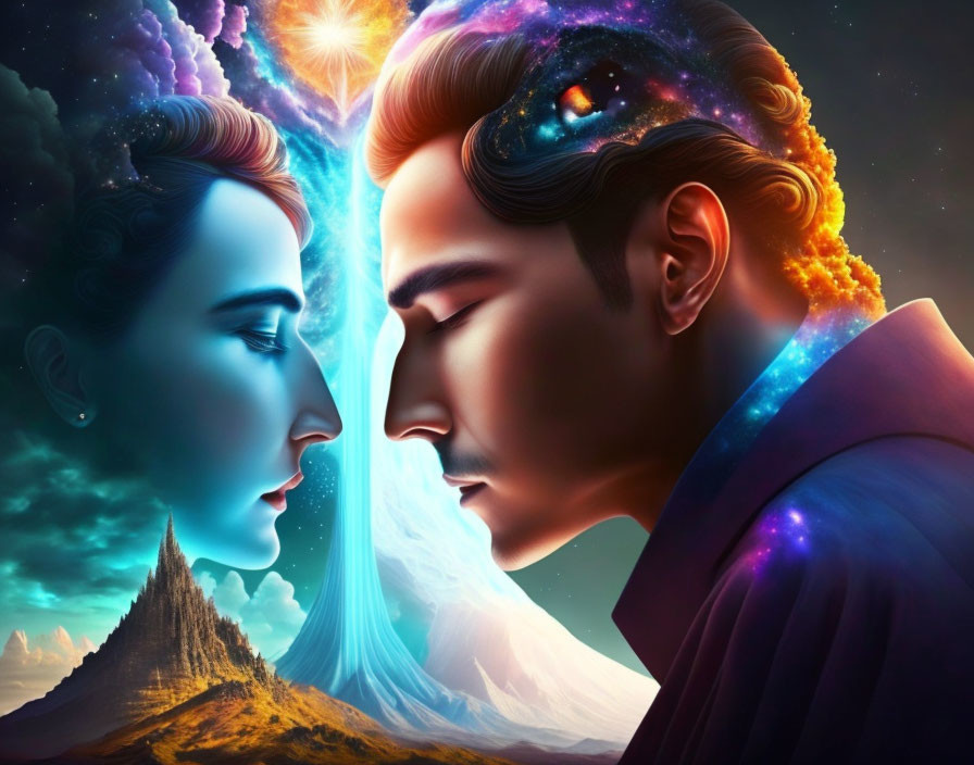 Male and female profiles merge with cosmic and nature elements in digital art.