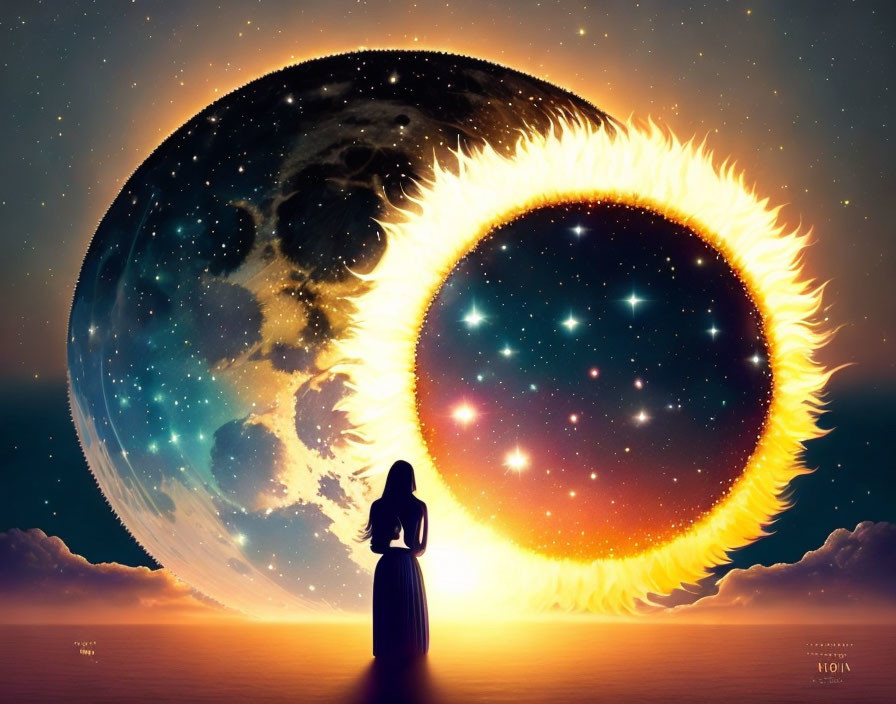 Silhouetted woman in cosmic scene with half-lit planet and fiery orb