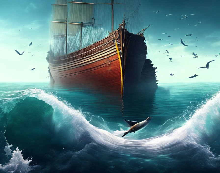 Majestic ship on surreal ocean with looping waves and flying birds