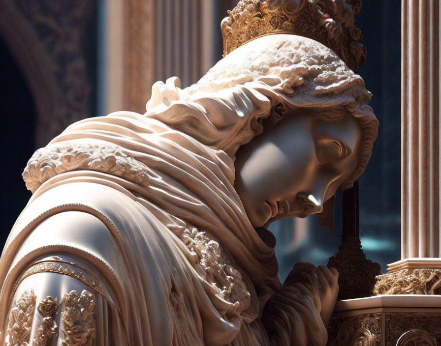 Detailed Marble Sculpture of Woman in Flowing Robes and Ornate Architecture