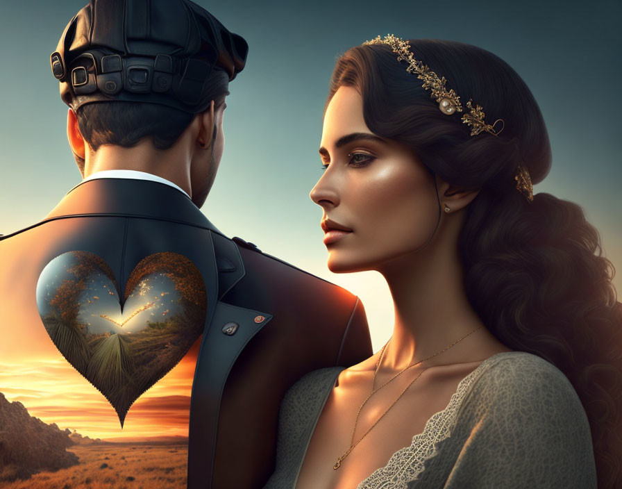 Woman gazes at viewer with soldier and heart-shaped cutout revealing sunset landscape.