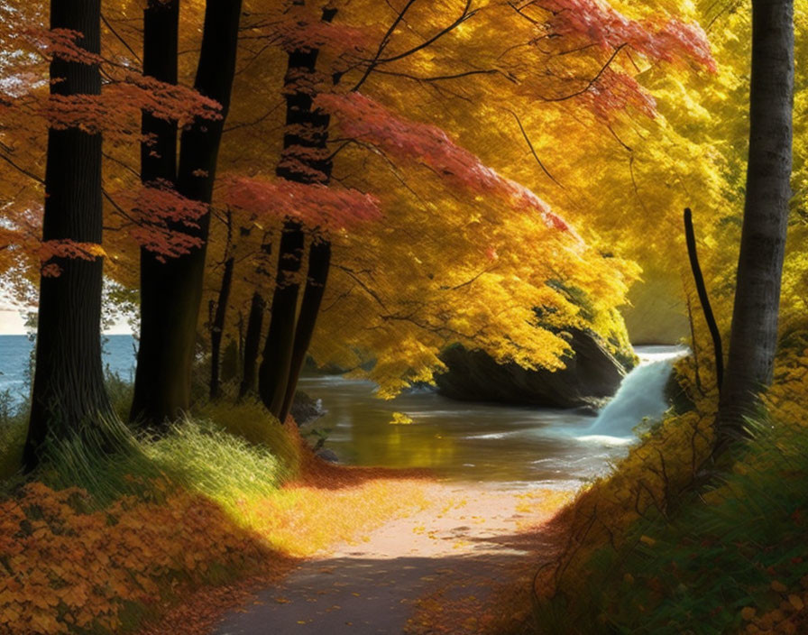 Tranquil autumn forest path to lakeshore