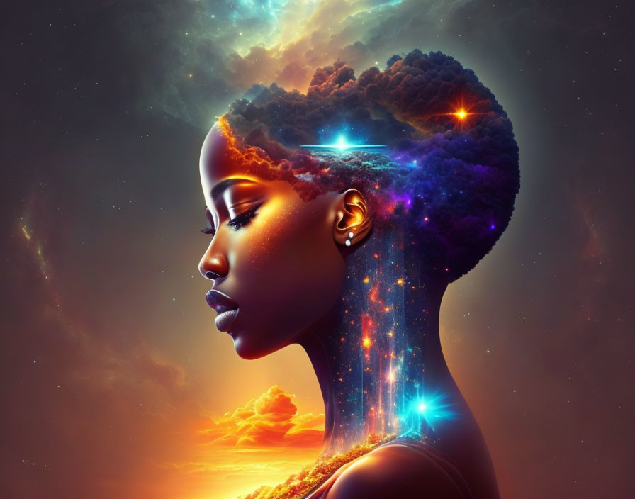 Digital artwork: Woman with cosmic theme, hair and neck merge into starry sky with celestial bodies and