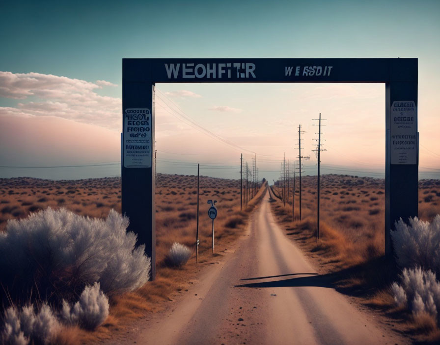 Barren landscape with desolate road and signage frame at dusk