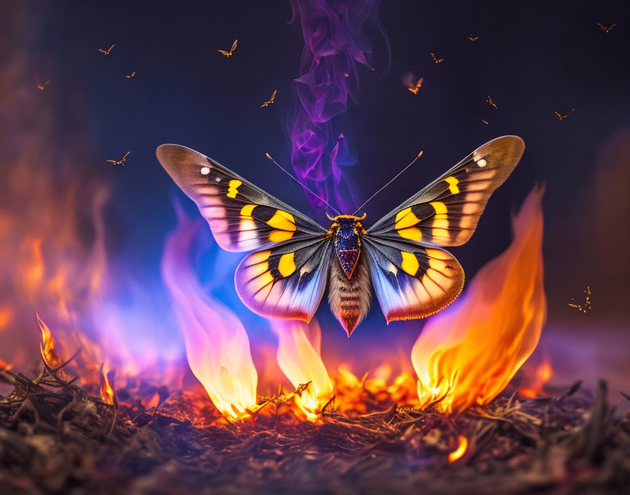 Colorful Butterfly Hovering Above Radiant Flames