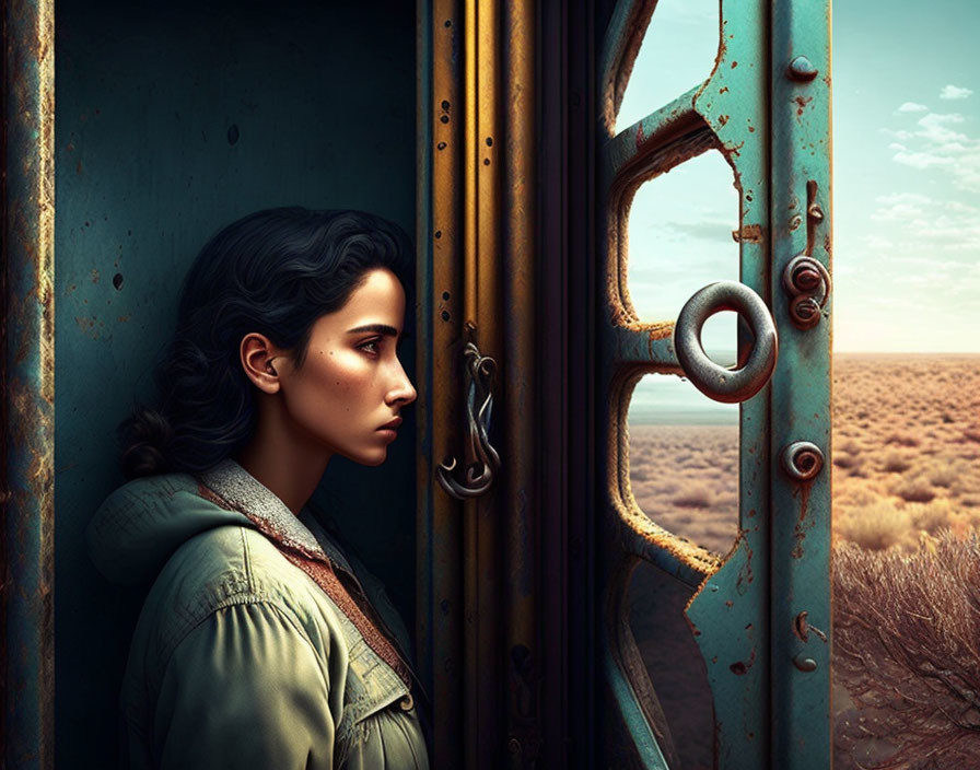 Woman looking out from derelict vehicle in desert landscape