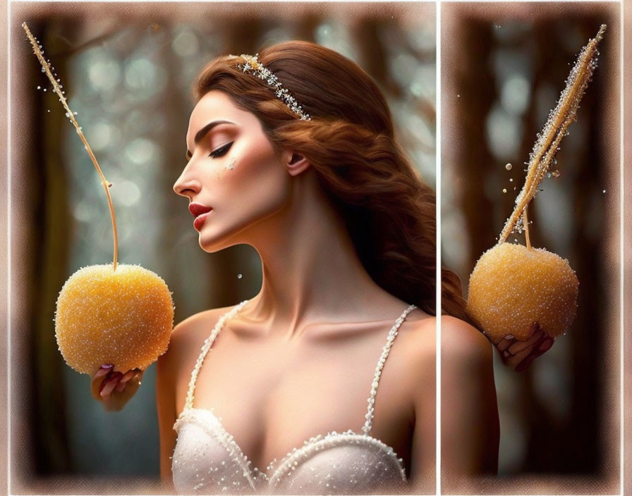 Bridal gown woman with sparkler and glowing orb in forest landscape