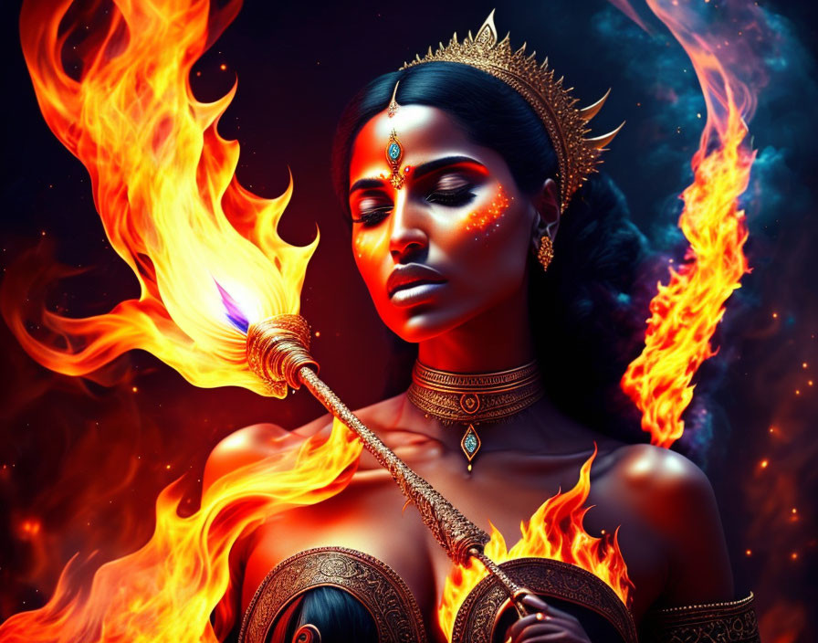 Traditional Indian woman adorned with torch in mystical setting.