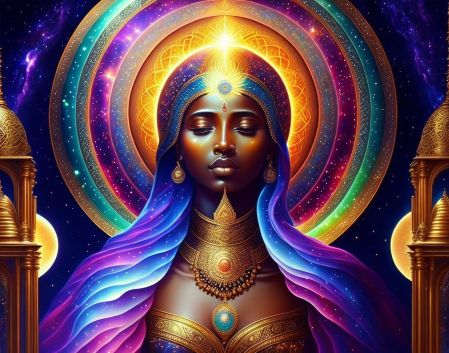 Colorful digital artwork featuring a deity in blue and gold attire with concentric circles.