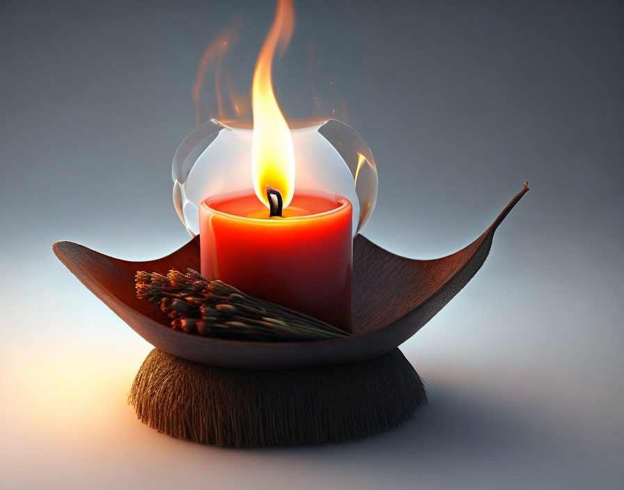 Red candle with vibrant flame on wooden holder and dried flowers against gray background