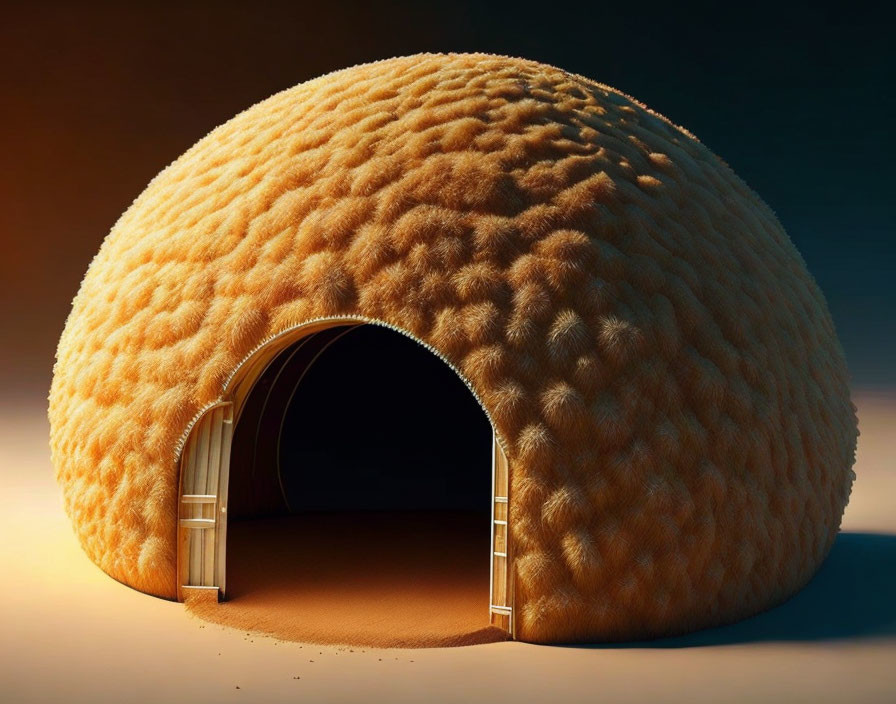 Igloo-shaped structure with textured orange peel surface and arched entrance