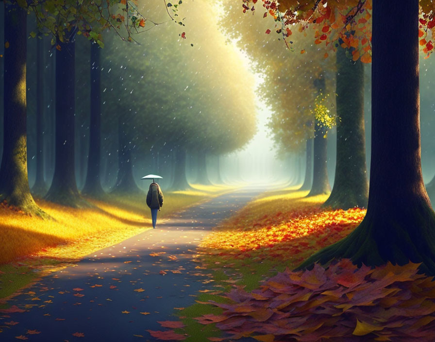 Autumn scene: solitary figure with umbrella on misty tree-lined path