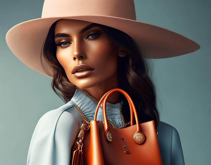 Fashionable woman in bold makeup and dark hair wearing beige hat and blue outfit with orange purse