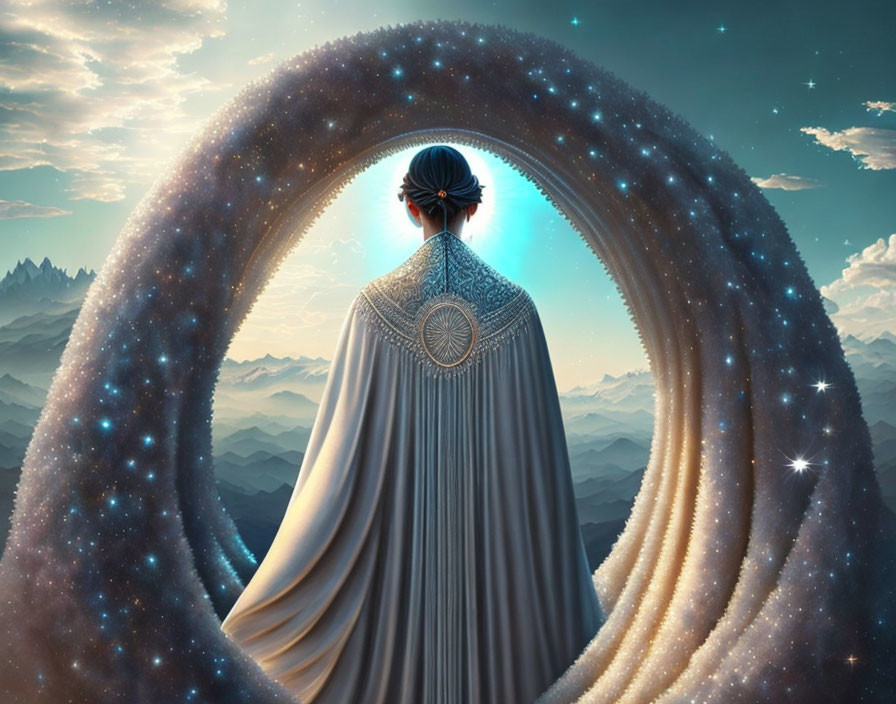 Person in flowing robe gazes at star-filled sky through circular portal above twilight mountains