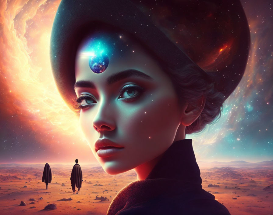 Stylized portrait of woman with cosmic-themed third eye and hat