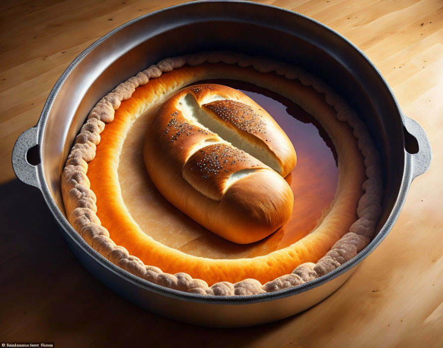 Circular and twisted bread in metal pot on wooden surface