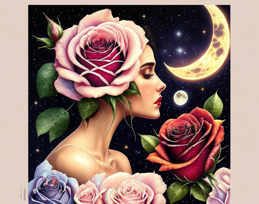 Illustration of woman with rose hair in night sky with crescent moon.