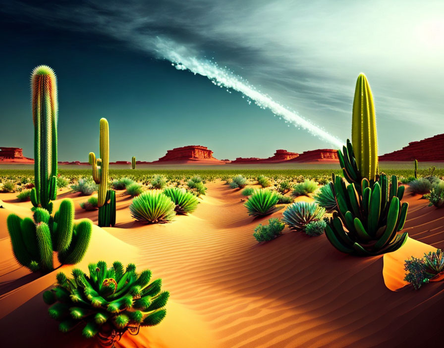 Barren desert scene with cacti, succulents, sandy dunes, plateaus,