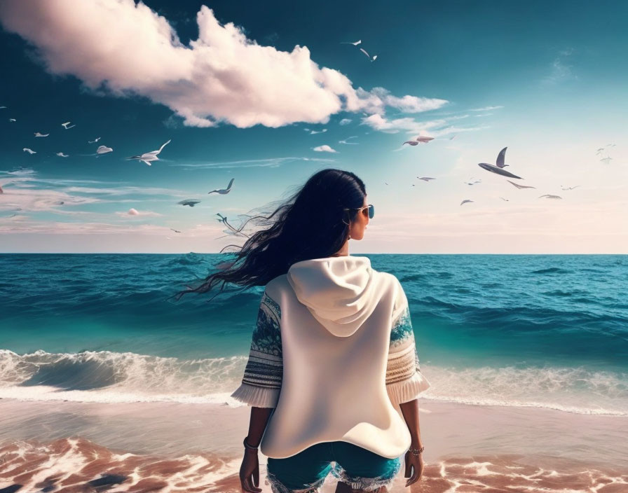 Woman on beach gazes at sea with seagulls in blue sky