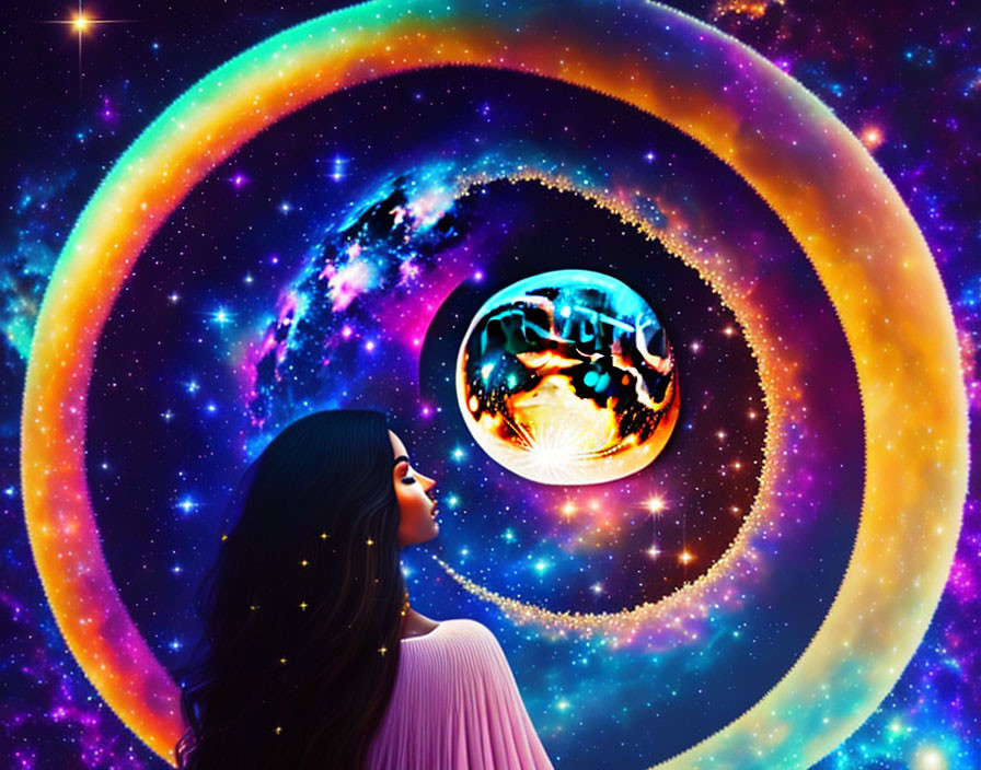 Woman gazing at vibrant cosmic swirl around glowing planet