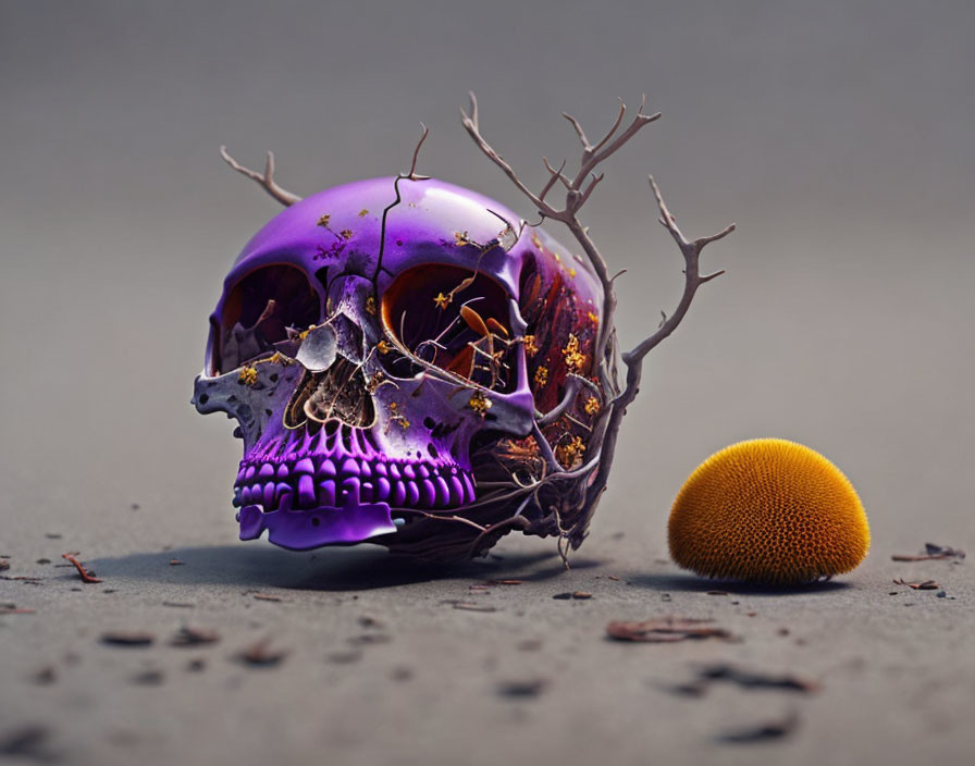 Colorful Skull with Purple and Gold Hues Next to Orange Sphere on Grey Surface