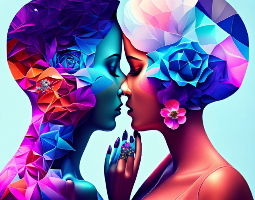 Colorful geometric-patterned hair on two stylized female figures adorned with flowers and jewelry