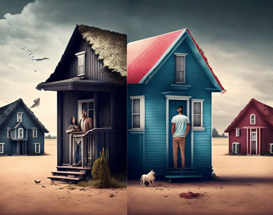 Surreal image: Half-house with woman, half-house with man, divided by space with dog