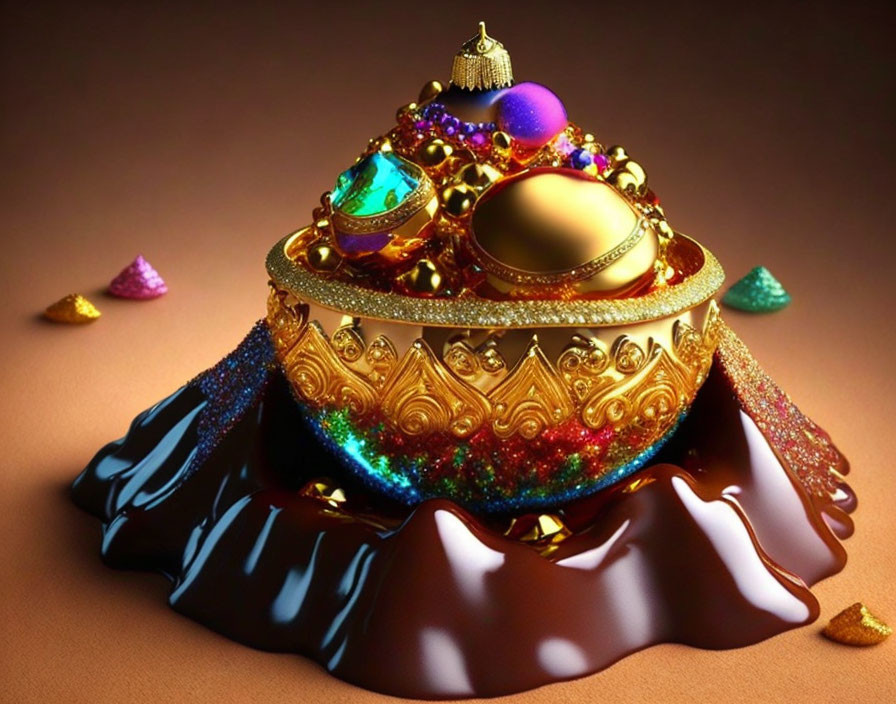 Golden crown with colorful gems and pearls on velvet cloth with glittering edges