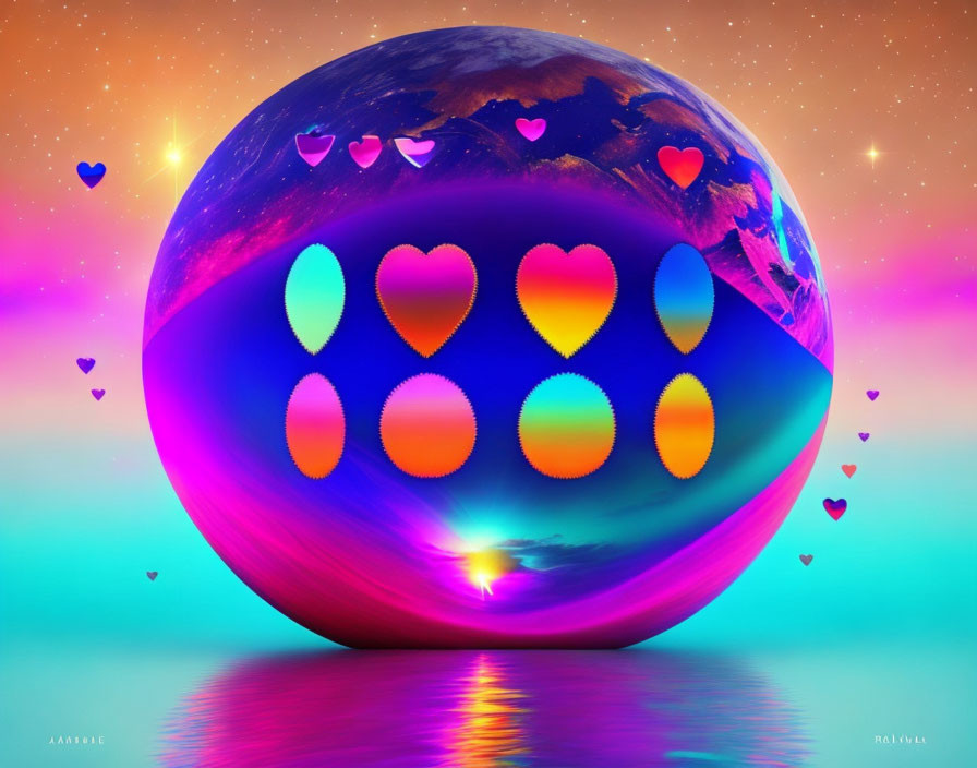 Colorful Artwork Featuring Glossy Sphere and Heart Cutouts on Starry Background