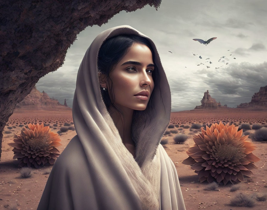 Woman in hooded cloak gazes in desert with surreal flora and bird