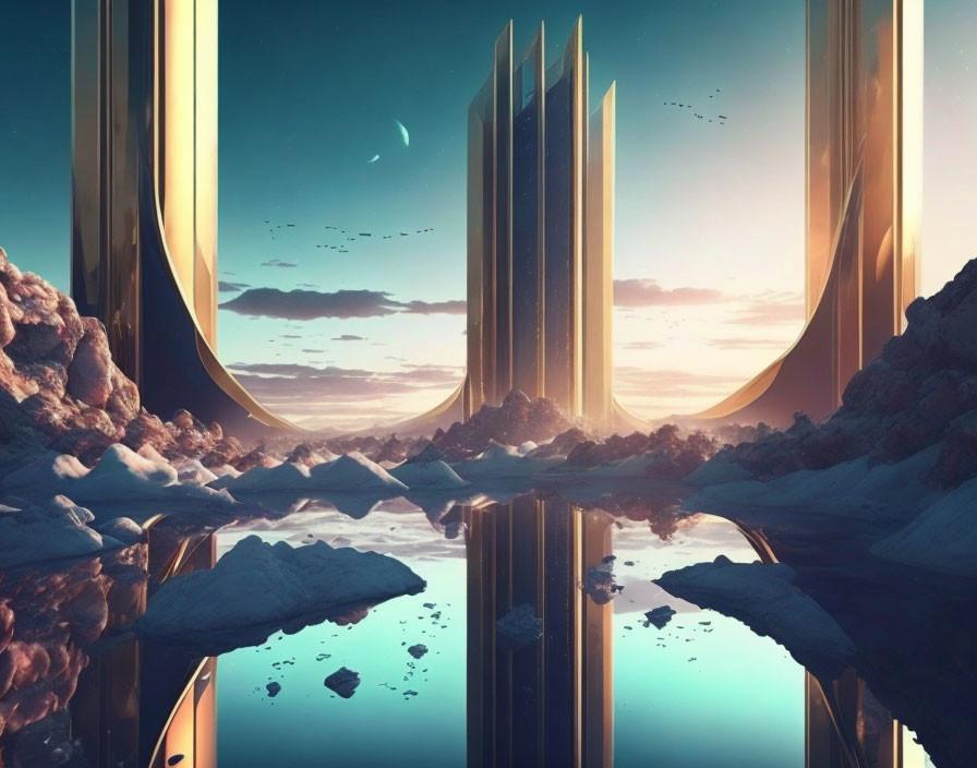 Futuristic golden structures in serene rocky landscape