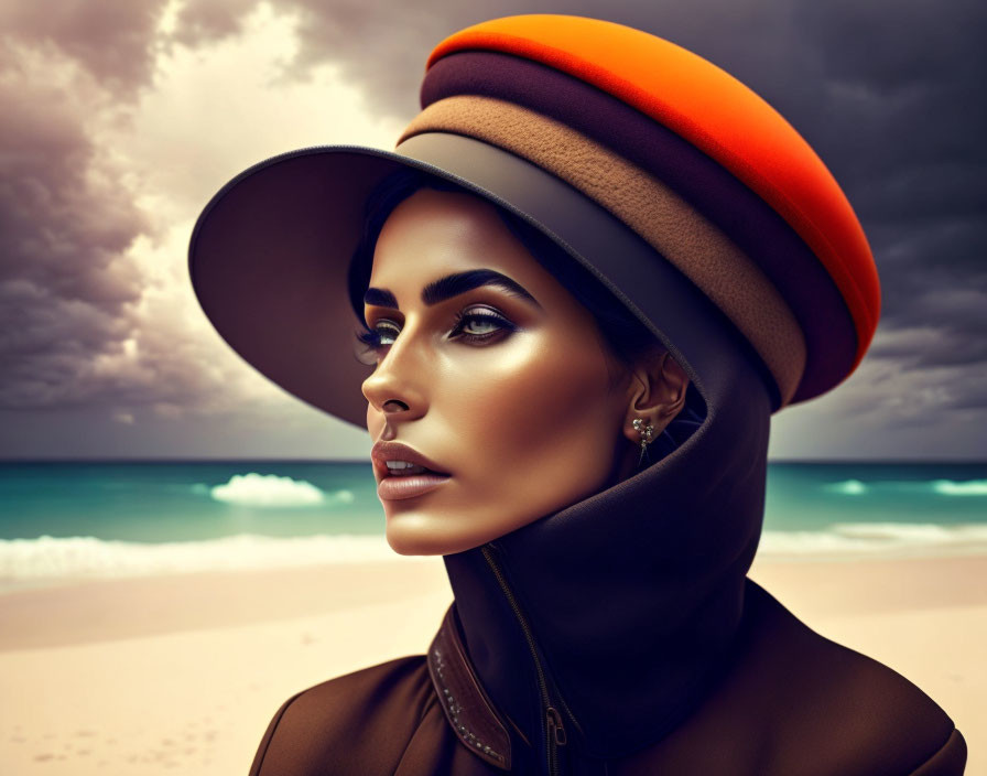 Striking makeup woman in multicolored hat & high-neck jacket on stormy beach