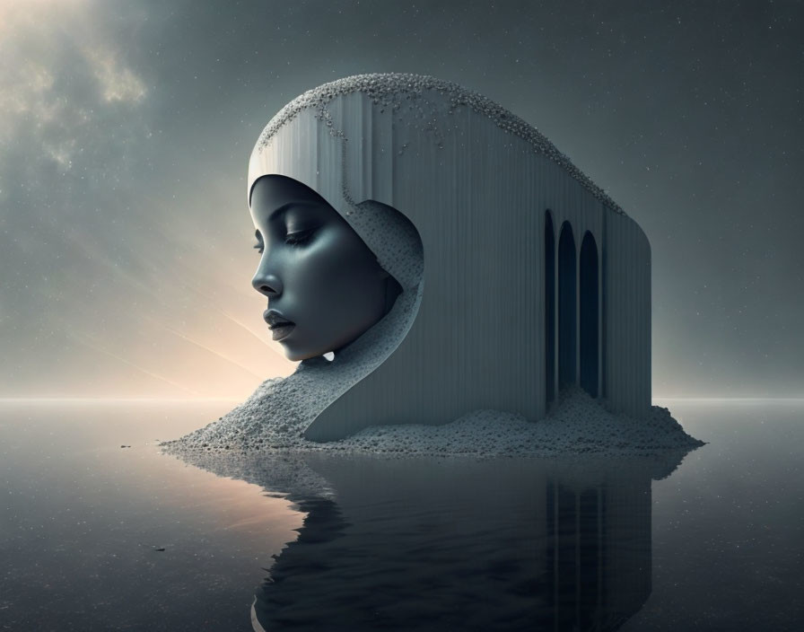 Surreal image: Woman's head merges with building, water, cloudy sky