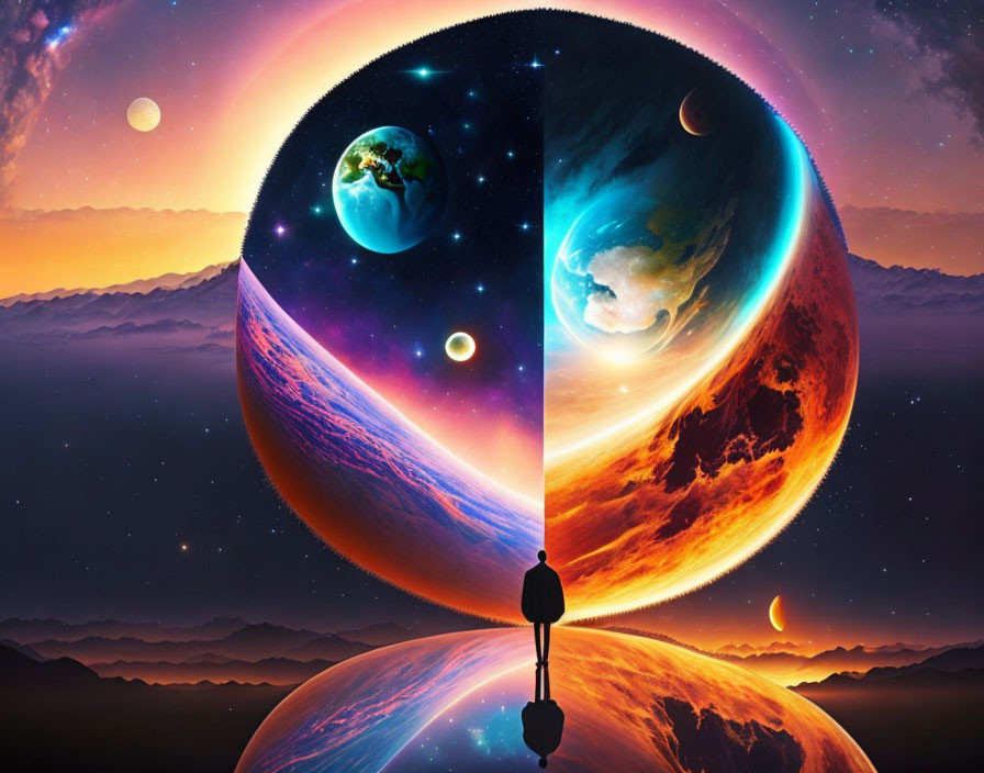 Person standing before cosmic divide with contrasting Earth versions