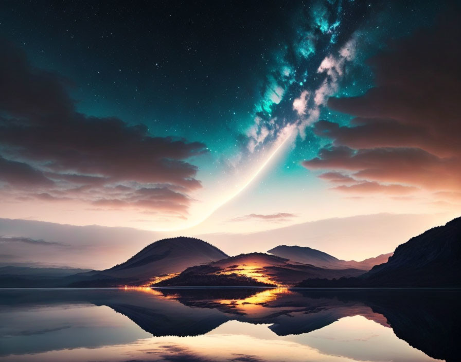 Stunning night sky with vibrant Milky Way reflected in serene waters