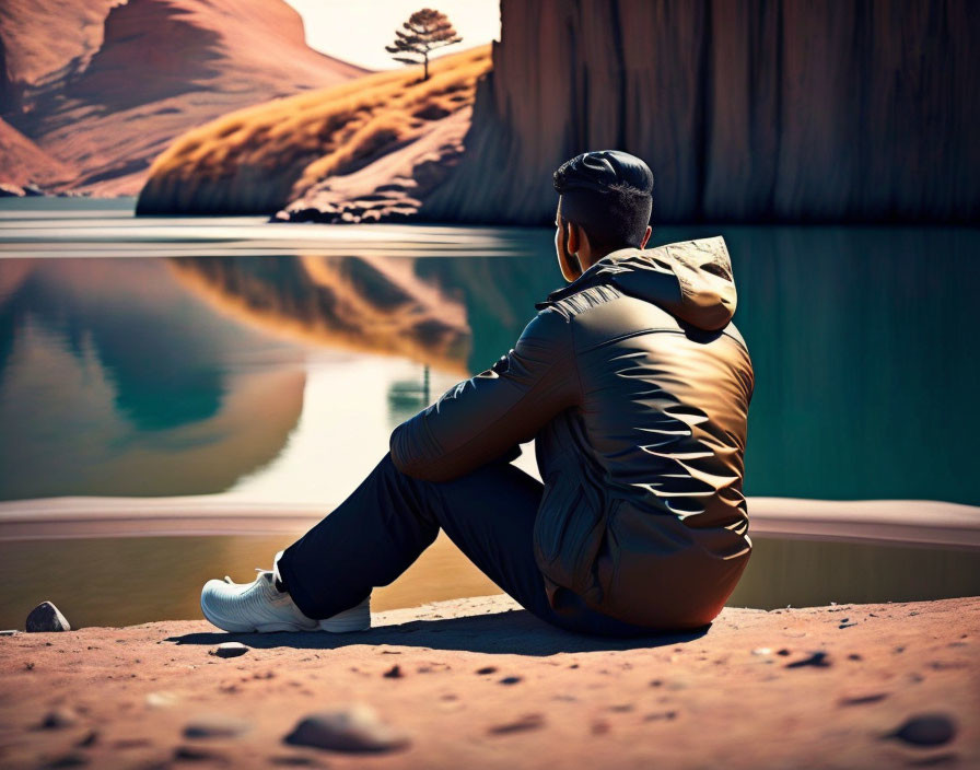 Person in jacket and cap by serene lake with cliff reflection