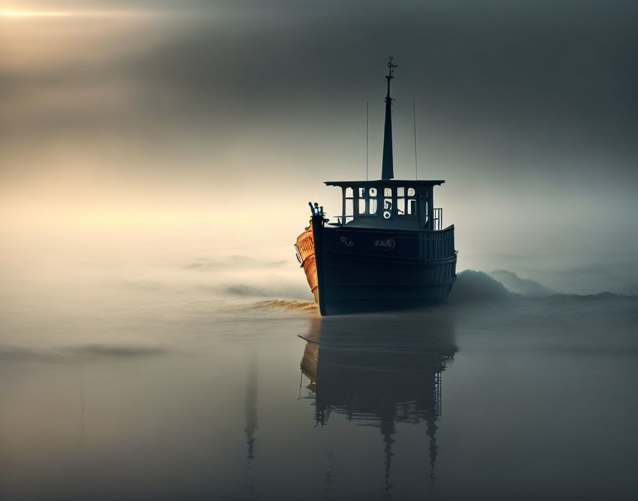 Solitary boat on misty water with reflection under serene sky