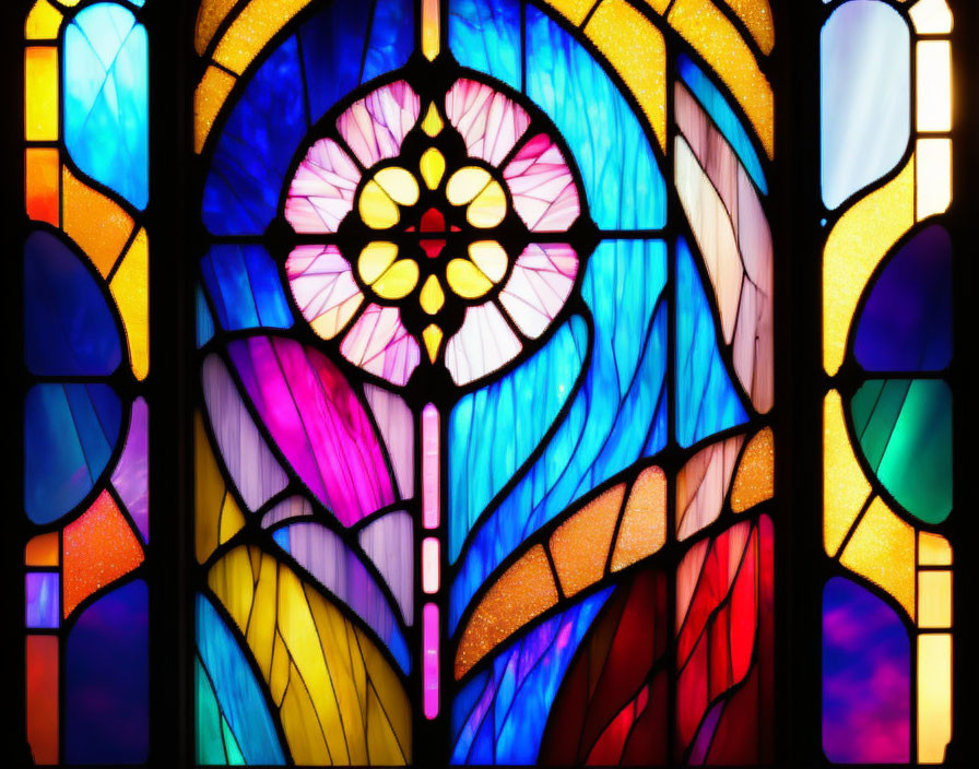 Vibrant stained glass window with intricate floral patterns.